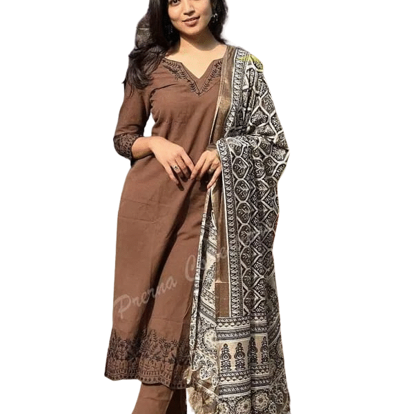 Printed Cotton Straight Kurta Set with Dupatta for Women(L)