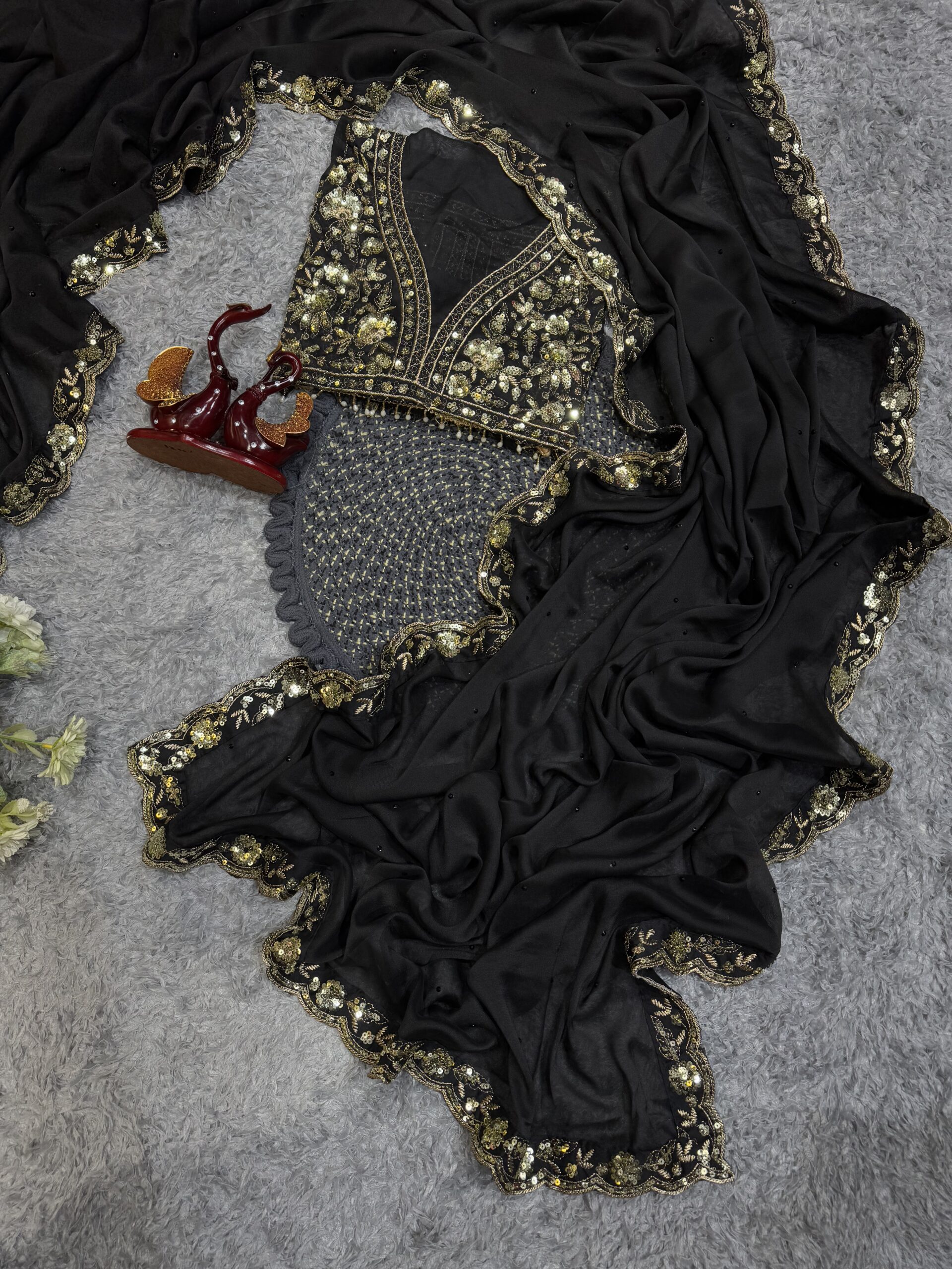 Women's Elegant Black Georgette/Chiffon Saree with Intricate Gold & Silver Embellished Border – Paired with Heavy Sequin & Zari Work Blouse for Festive & Wedding Wear - Image 2