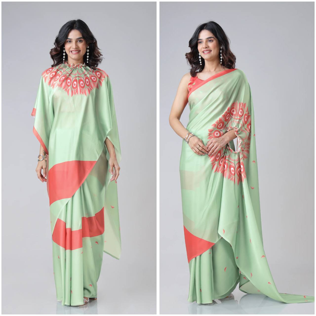 Women's Modern Dual-Tone Peach & Off-White Satin Silk Kaftan Saree with Digital Print Neck Design - Image 15