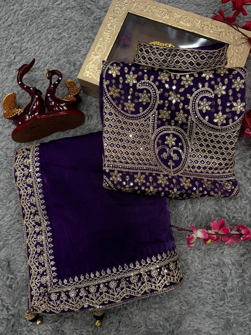Women's Luxurious Plum Satin Saree with Intricate Zari & Sequin Embroidered Blouse - Image 5