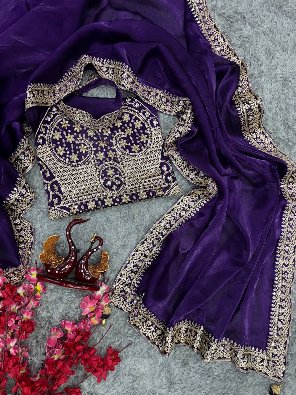 Women's Luxurious Plum Satin Saree with Intricate Zari & Sequin Embroidered Blouse - Image 4