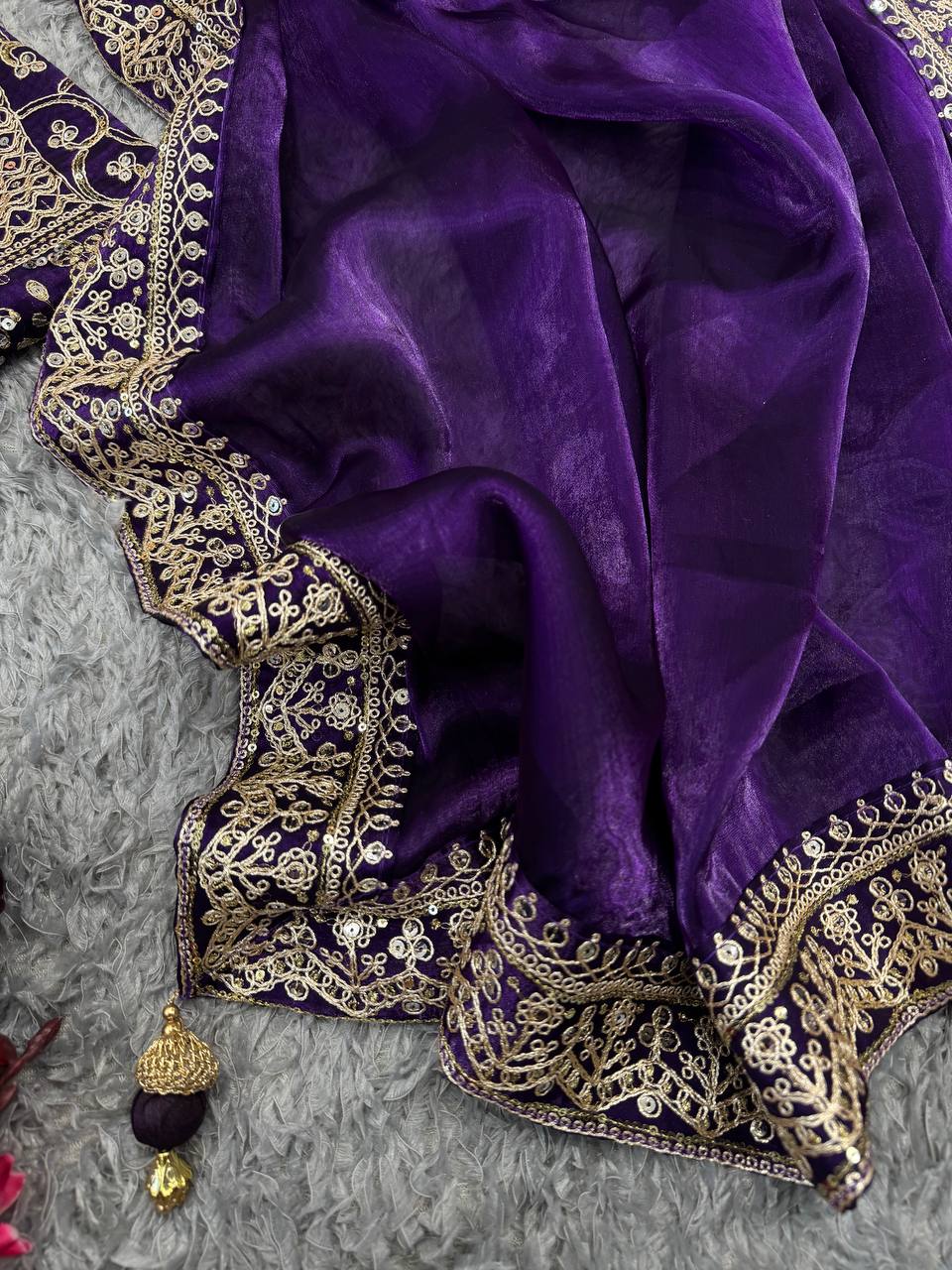 Women's Luxurious Plum Satin Saree with Intricate Zari & Sequin Embroidered Blouse - Image 3