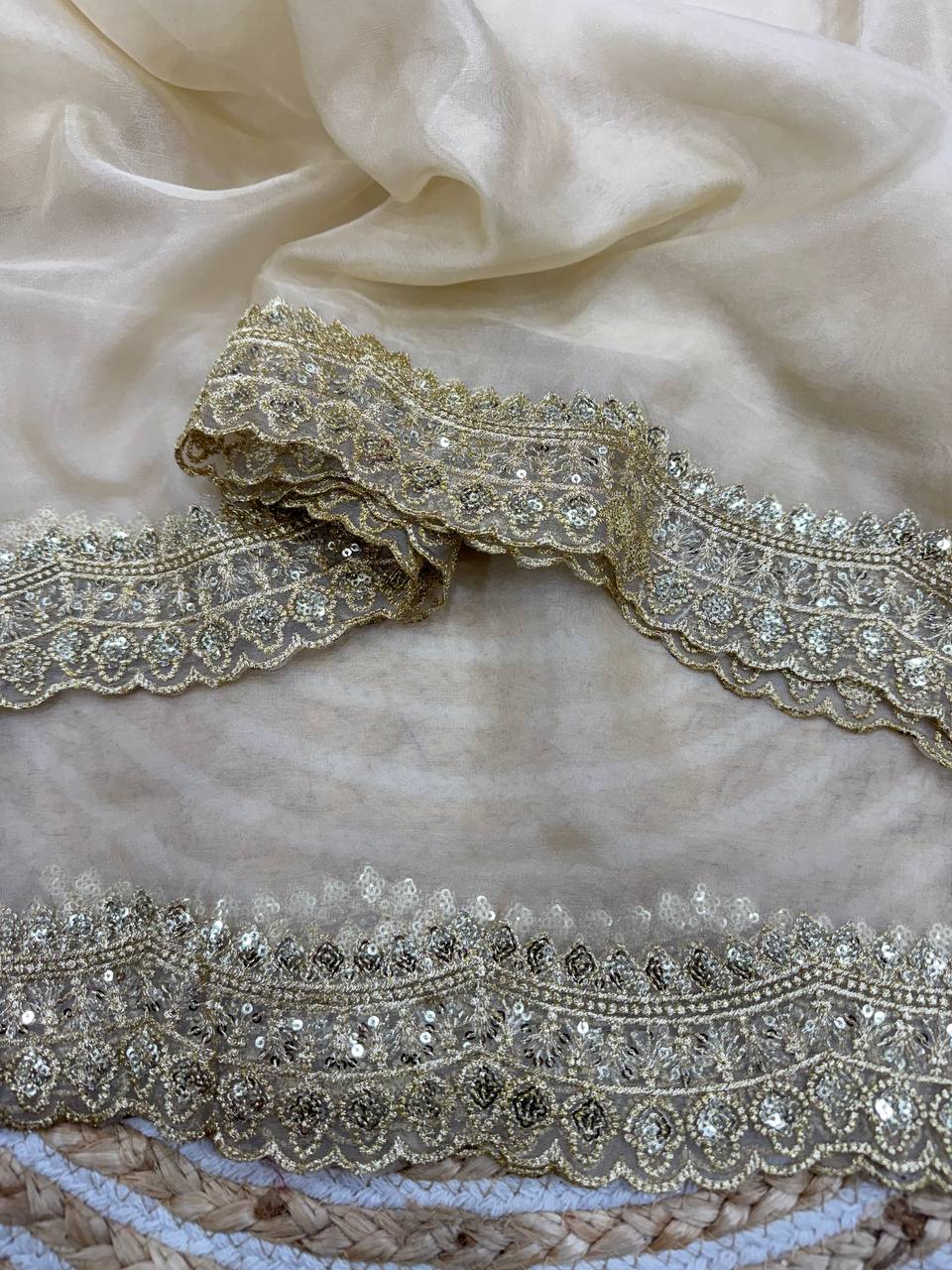 Luxurious Ivory Organza Dupatta with Heavy Golden Sequin & Zari Cutwork Border β Perfect for Weddings & Festive Layering - Image 2