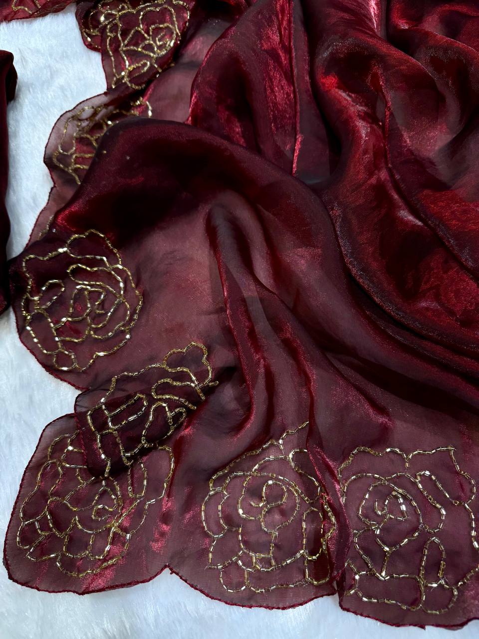 Women's Luxurious Maroon Shimmer Saree with Intricate Gold Zari/Threadwork & Scalloped Border – Complete with Blouse Piece for Festive & Wedding Wear