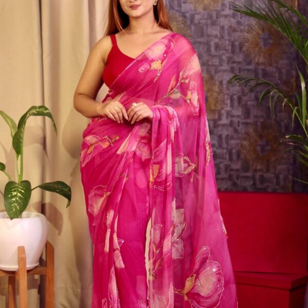 Women's Vibrant Rani Pink Floral Japanese Chiffon Saree with Hand-Painted/Printed Motifs – Perfect for Summer & Casual Festive Wear