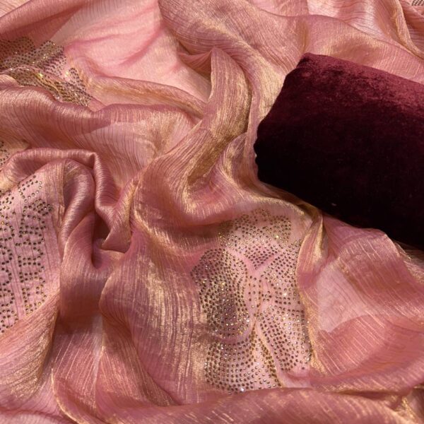 Women's Glamorous Rose Gold Shimmer Saree with All-Over Diamond & Sequin Embellishments – Paired with Luxurious Maroon Velvet Blouse for Festive & Wedding Wear