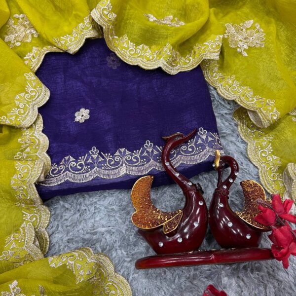 Women's Radiant Lime Yellow Organza Saree with Intricate Gold Zari Embroidery & Scalloped Border β Complete with Blouse Piece for Festive & Party Wear